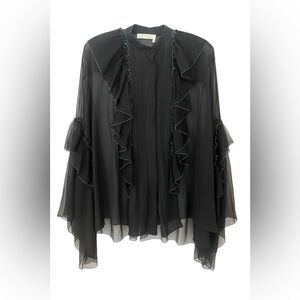 Chloe black silk chiffon ruffled oversized sheer blouse